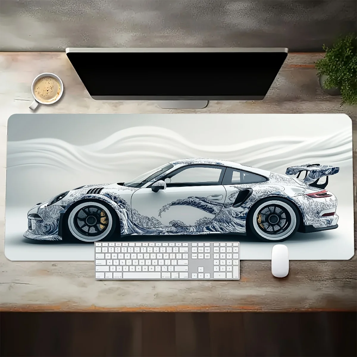 Desk Corner Mat - Large White Sports Car Design Gaming